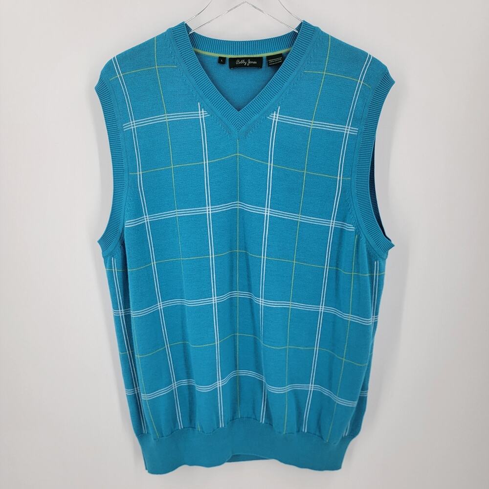 Bobby Jones Sweater Vest Mens Large Blue Plaid Peruvian Pima Cotton V Neck